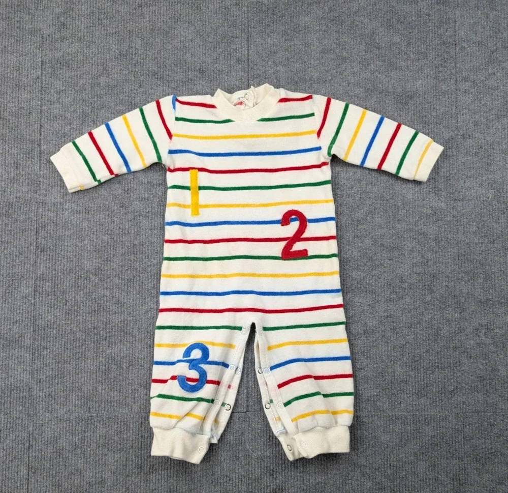 Vintage Kids One Piece Baby 3-6M Rainbow Colorful Velour Terry Retro Striped